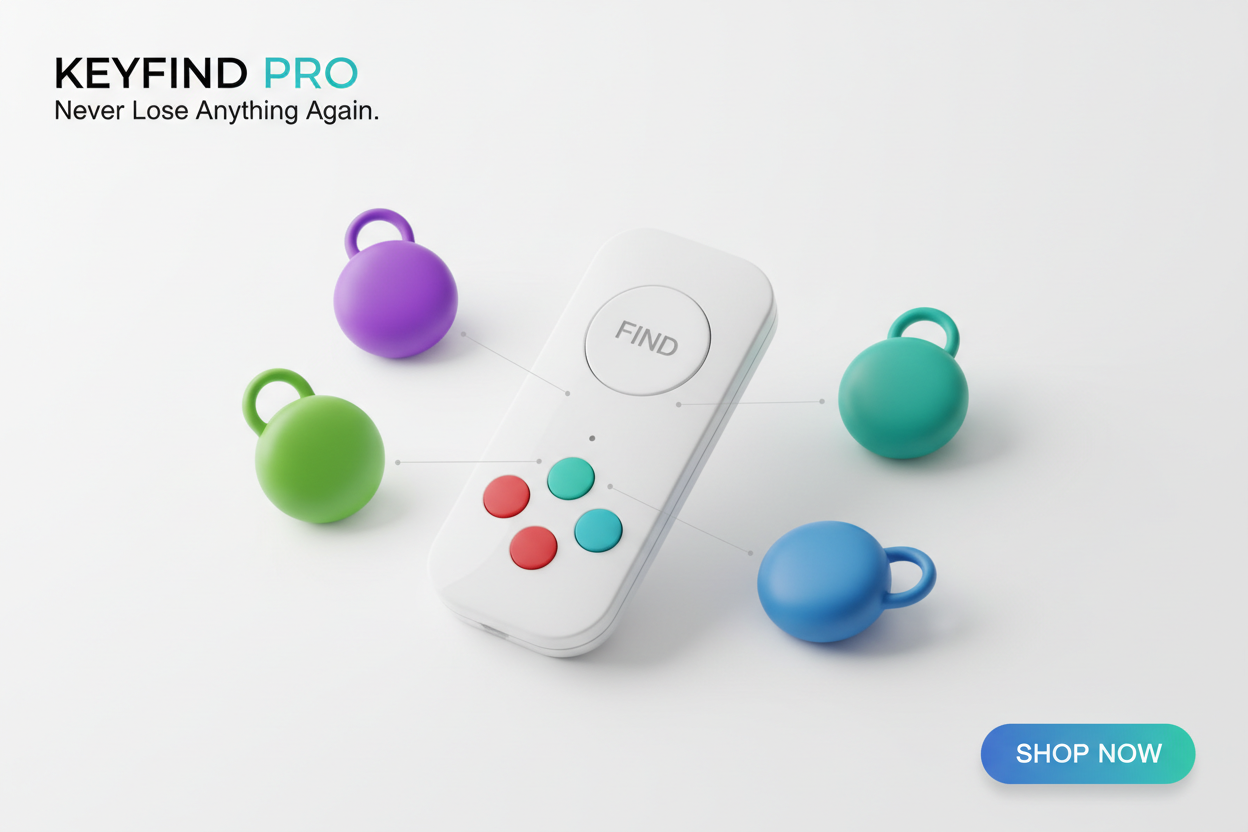 A colourful key finder with a remote and 4 colourfor little black small things like airtags. make them the colour purple, red, green, blue. make it in banner form